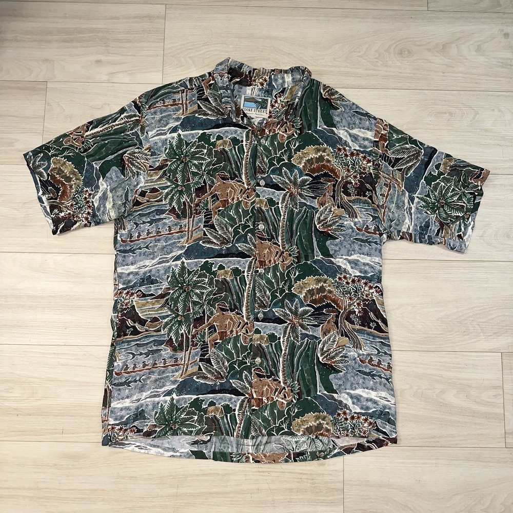 VINTAGE Cooke Street Hawaiian Shirt Mens XL Blue Green Rayon USA Made Rare ART‎
